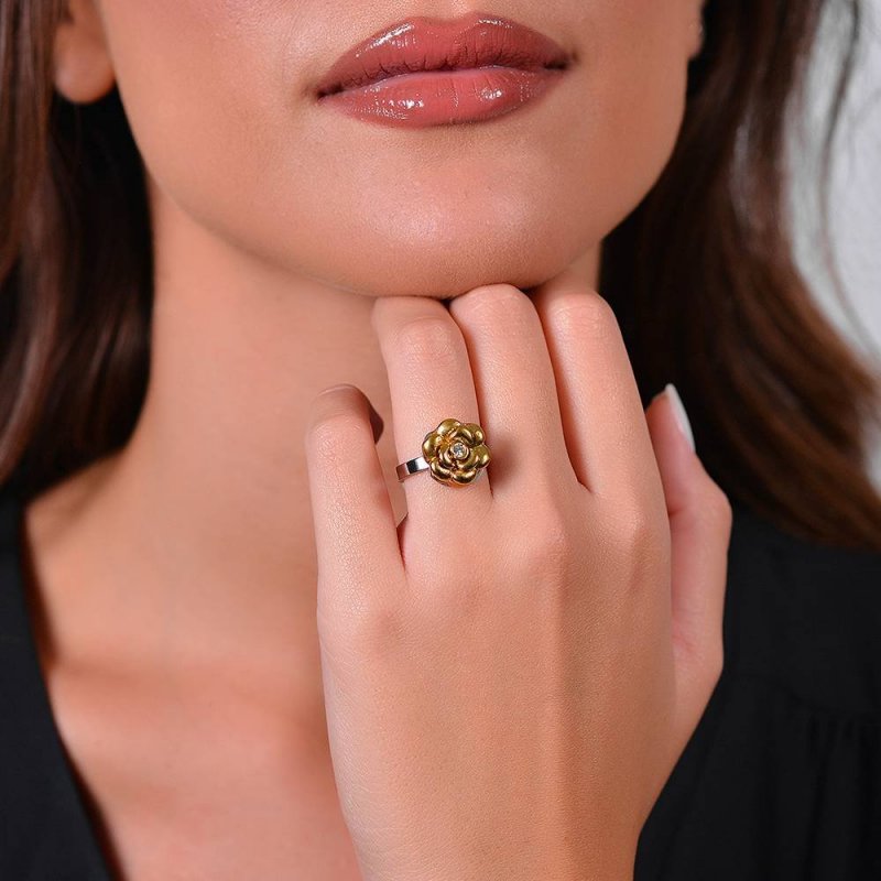 Luca Barra - Anello Donna Acciaio Ip Gold - Rosa Girevole - Cristallo Bianco