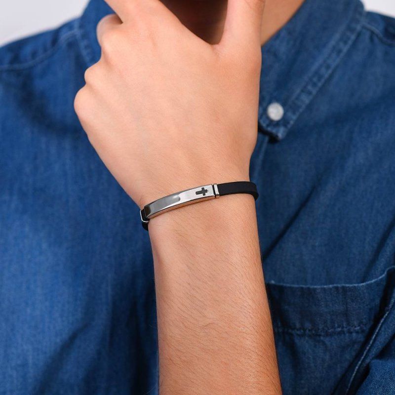 Luca Barra - Bracciale Uomo Silicone - Piastra Croce - Nero