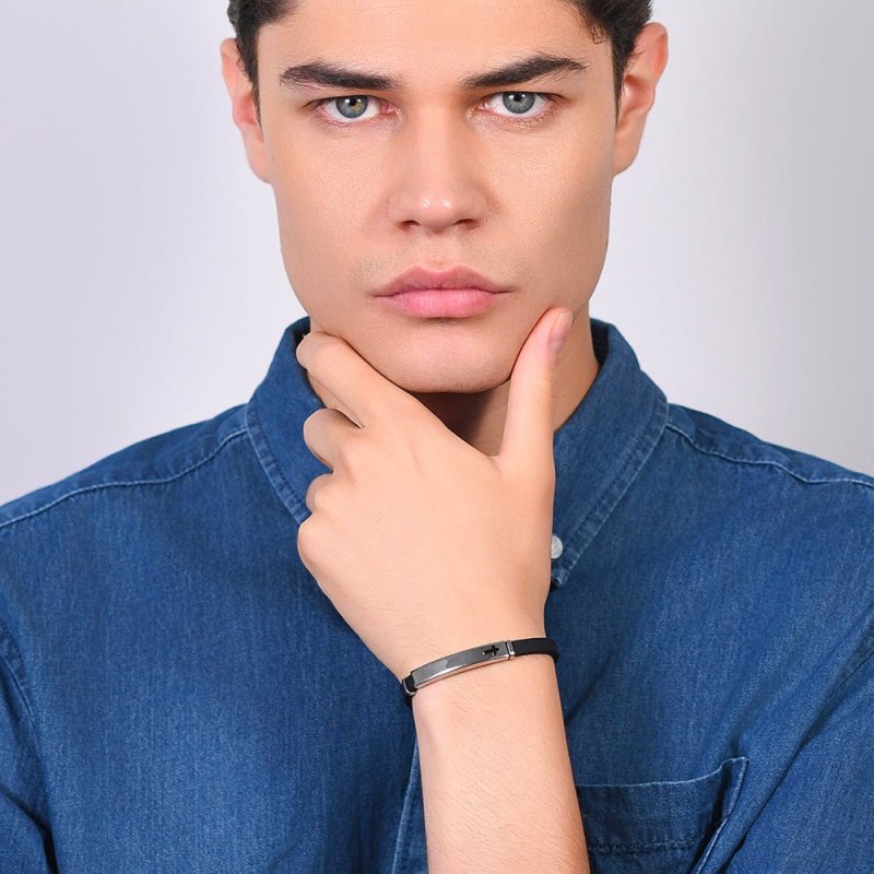 Luca Barra - Bracciale Uomo Silicone - Piastra Croce - Nero