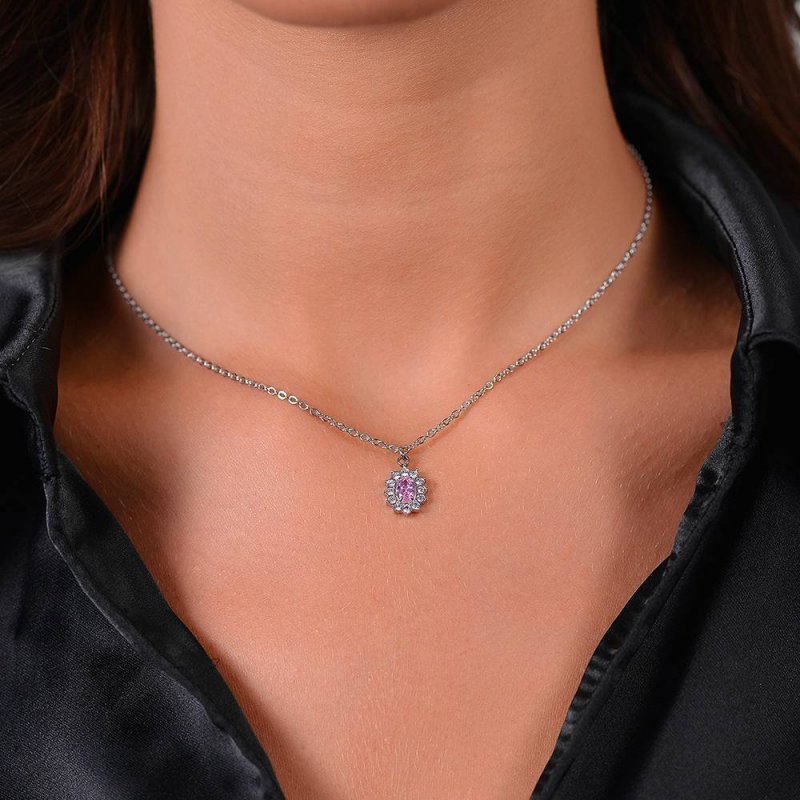 Luca Barra - Collana Donna Acciaio - Cristalli Bianchi - Zircone Rosa