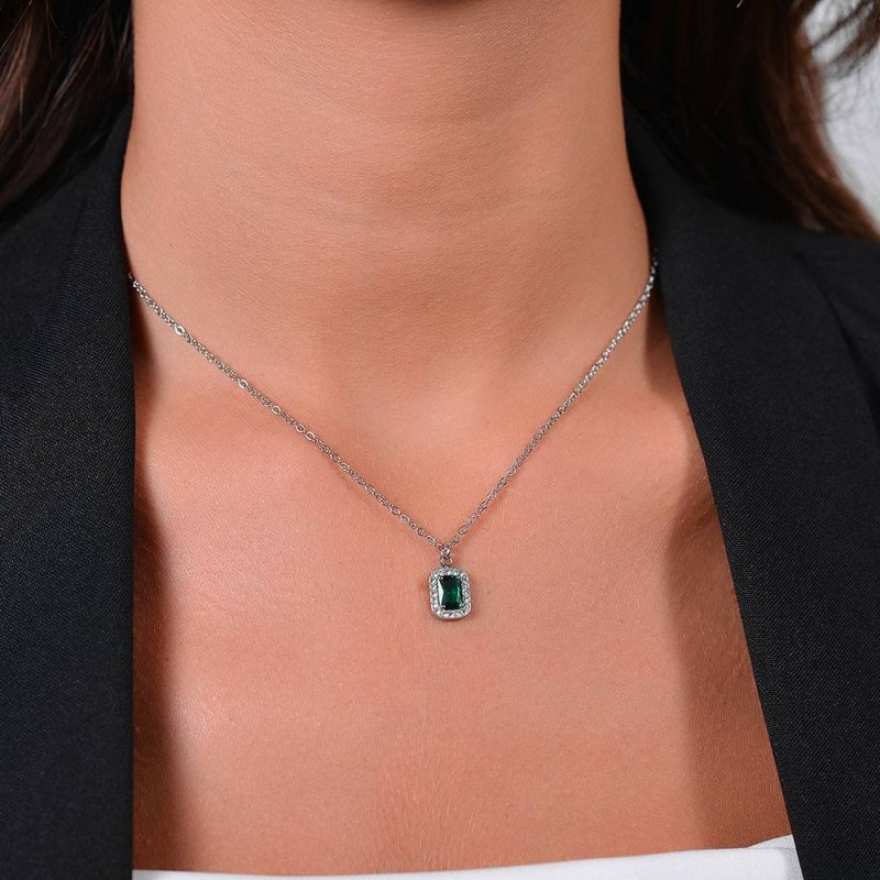 Luca Barra - Collana Donna Acciaio - Cristalli Bianchi - Zircone Verde
