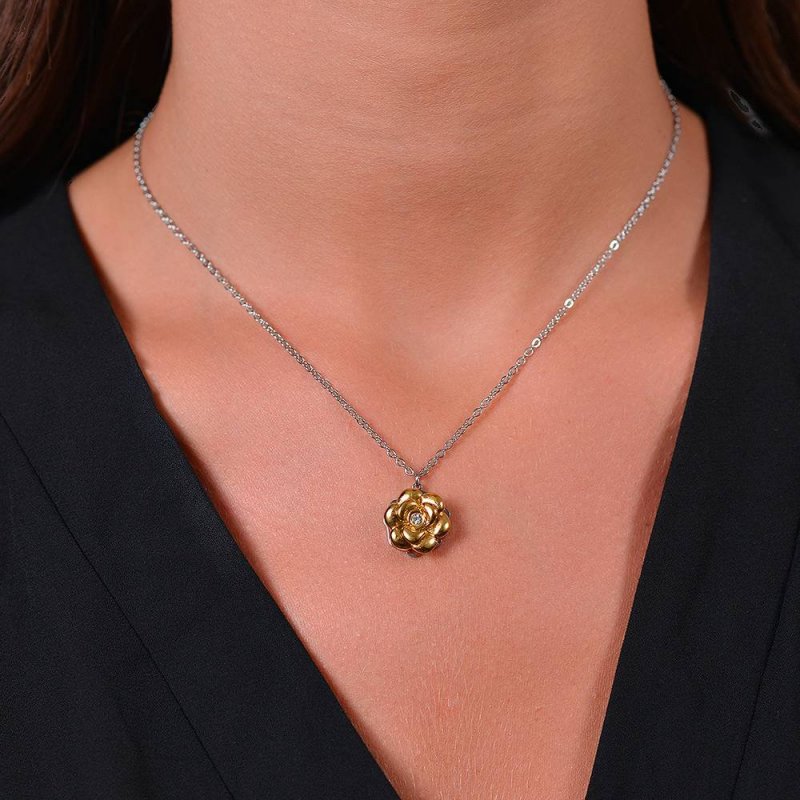 Luca Barra - Collana Donna Ip Gold - Rosa Girevole - Cristallo Bianco