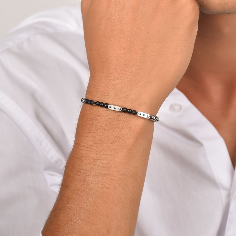 Luca Barra - Bracciale Uomo Acciaio - Pietre Nere - Design Moderno