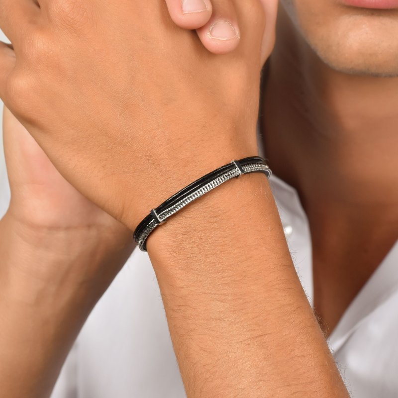 Luca Barra - Bracciale Uomo Cuoio Nero - Acciaio - Eleganza Moderna