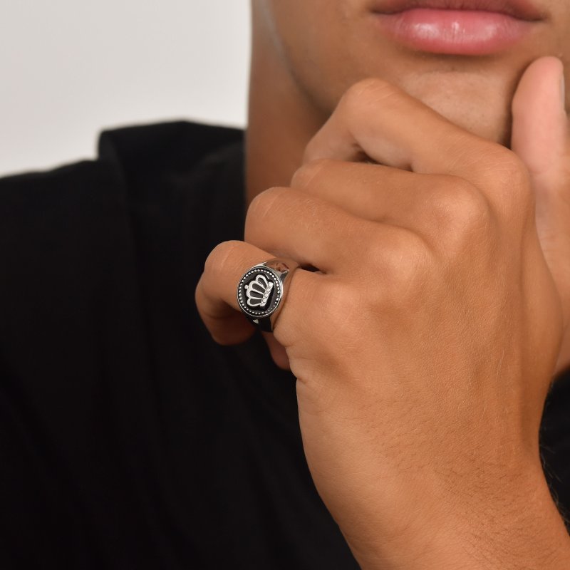 Luca Barra - Anello Uomo Acciaio - Corona - Smalto Nero