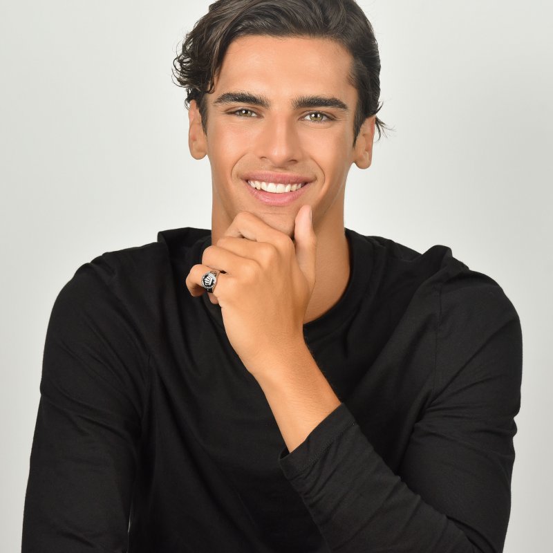 Luca Barra - Anello Uomo Acciaio - Corona - Smalto Nero