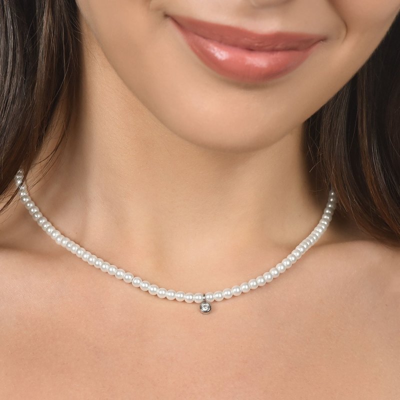 Luca Barra - Collana Donna Acciaio - Perle - Cristallo Bianco