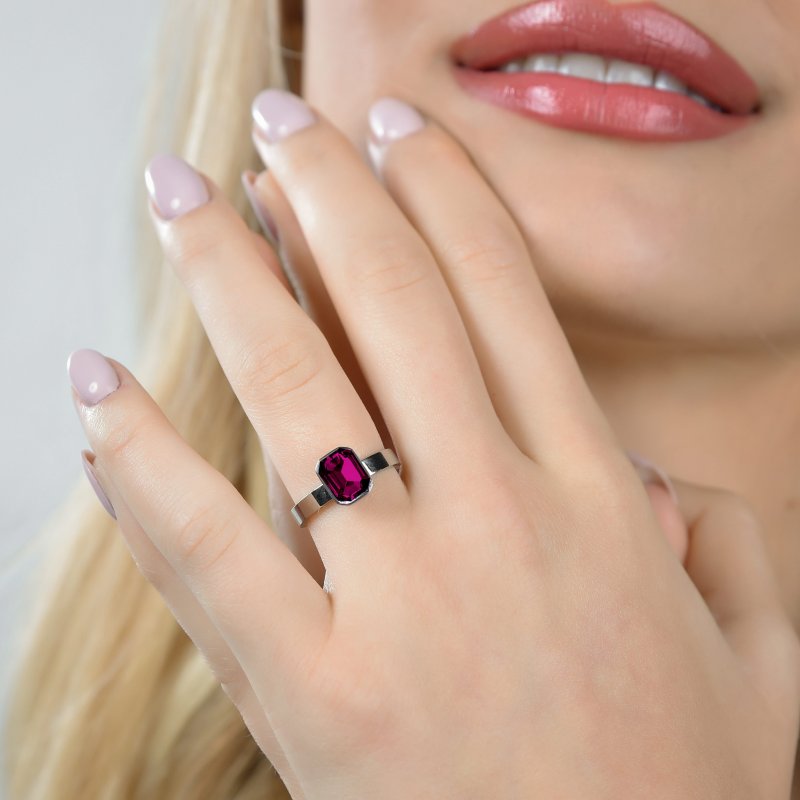 Luca Barra - Anello Donna Acciaio - Cristalli Fucsia - Regolabile