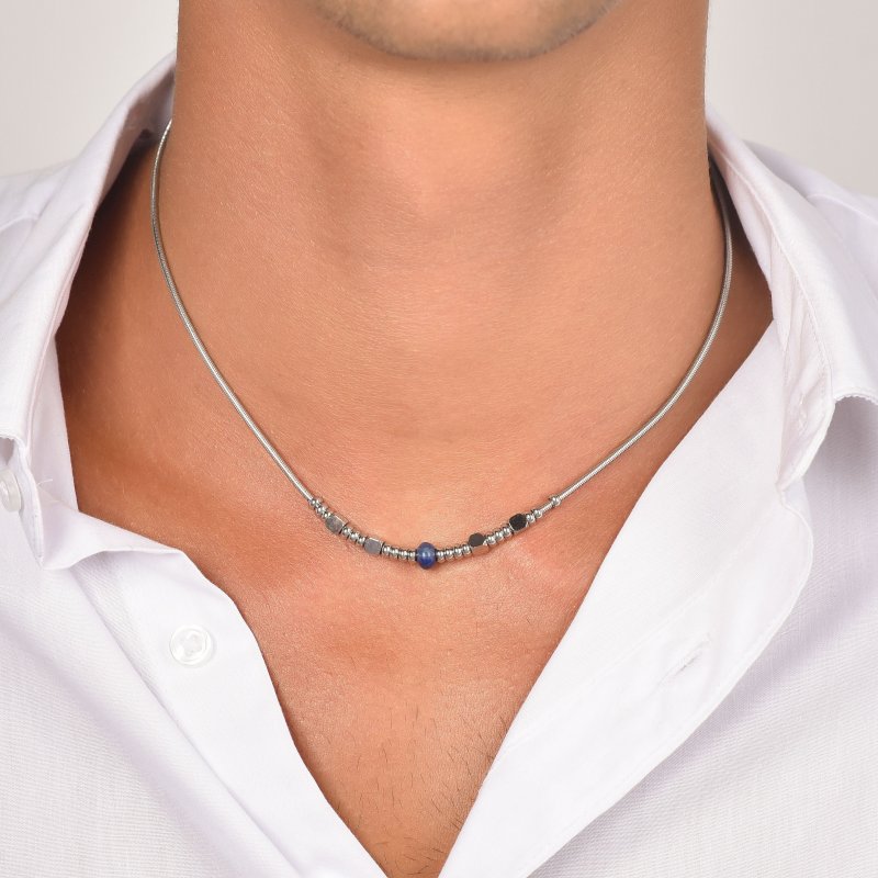 Luca Barra - Collana Uomo Acciaio - Pietra Blu - Design Elegante