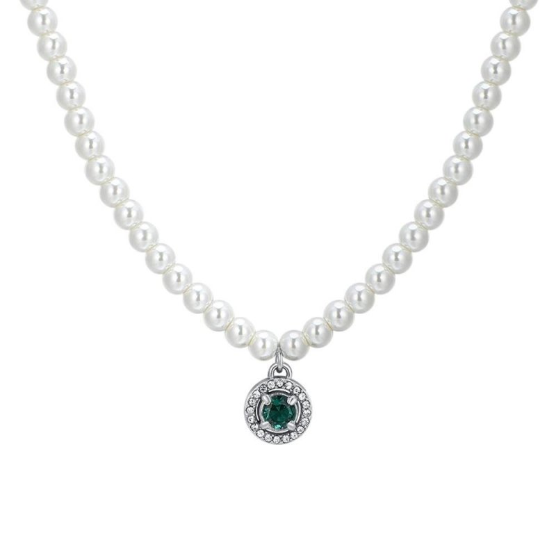 Luca Barra - Collana Donna Acciaio - Perle Bianche - Zircone Verde