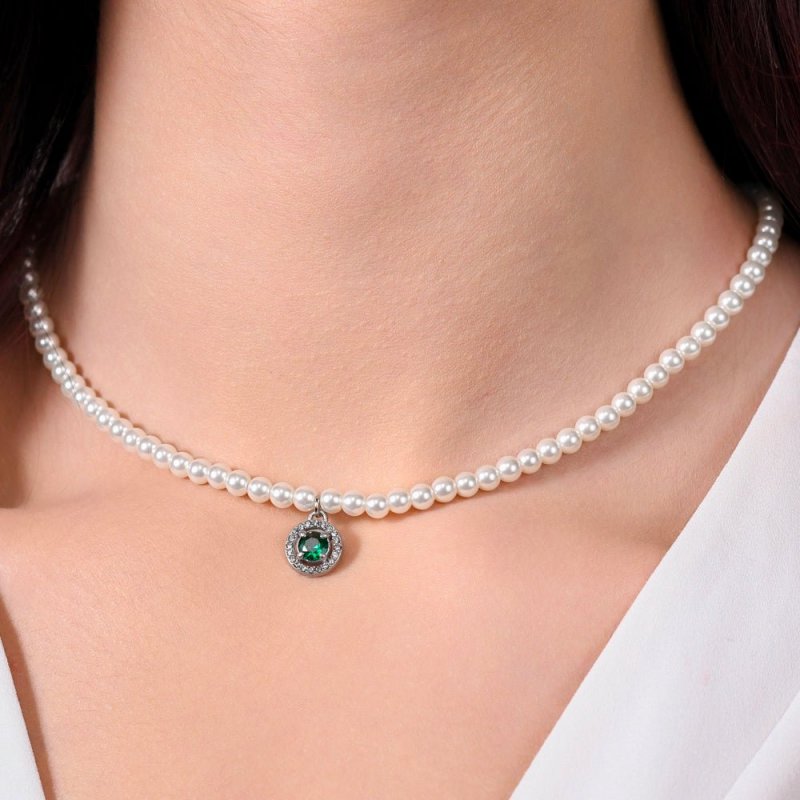 Luca Barra - Collana Donna Acciaio - Perle Bianche - Zircone Verde