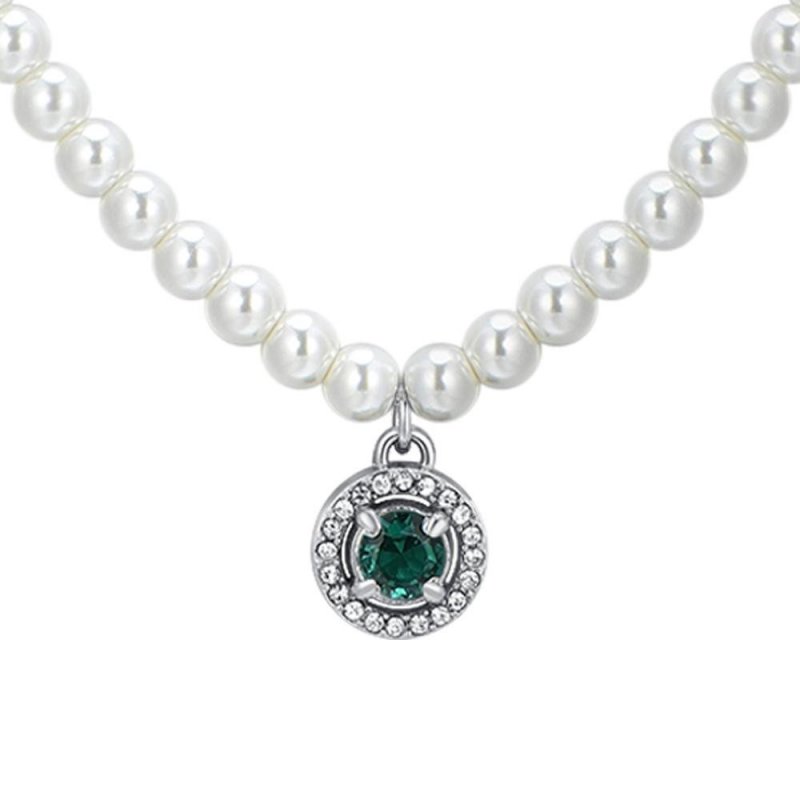 Luca Barra - Collana Donna Acciaio - Perle Bianche - Zircone Verde