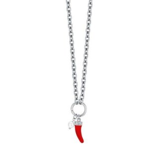 Luca Barra - Collana Donna Corno Acciaio - Smalto Rosso - Perla Bianca