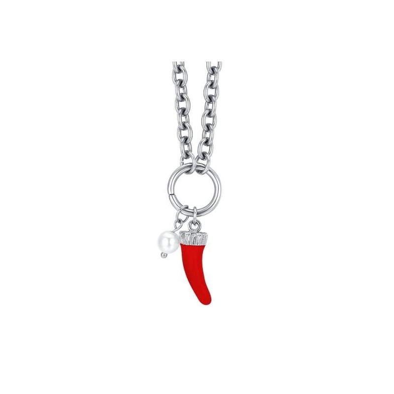 Luca Barra - Collana Donna Corno Acciaio - Smalto Rosso - Perla Bianca