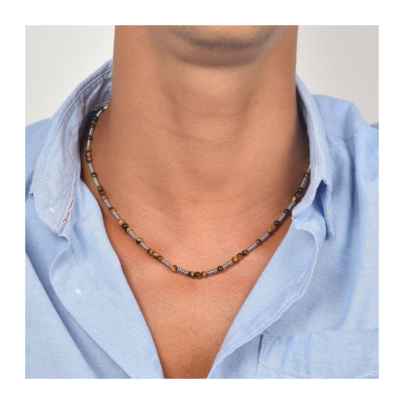 Luca Barra - Collana Uomo Acciaio - Pietre Occhio Di Tigre