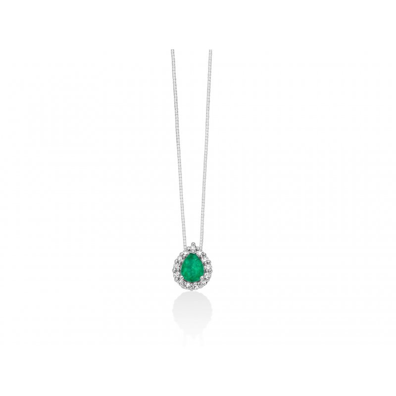 Miluna - Collana Smeraldo Goccia - Oro Bianco - Diamanti