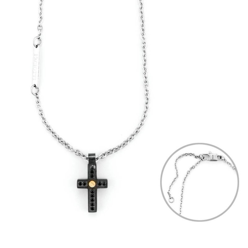 Collana Uomo 4Us Cesare Paciotti Acciaio Spinello Nero Croce Oro 18 Kt 4Ucl6922