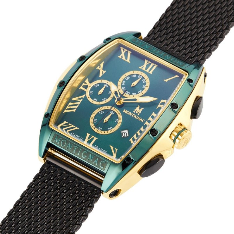 Montignac - Mow801 Cronografo Uomo - Acciaio Oro - Quadrante Verde