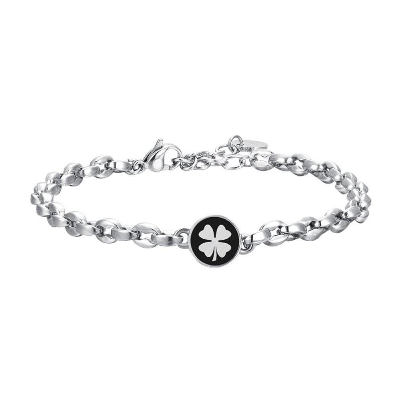 Luca Barra - Bracciale Uomo Acciaio - Quadrifoglio - Smalto Nero