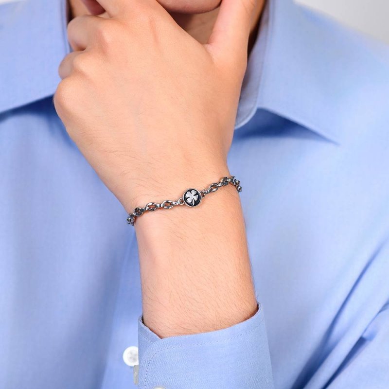 Luca Barra - Bracciale Uomo Acciaio - Quadrifoglio - Smalto Nero