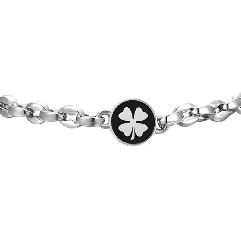 Luca Barra - Bracciale Uomo Acciaio - Quadrifoglio - Smalto Nero