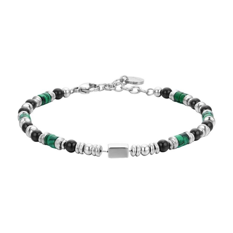 Luca Barra - Bracciale Uomo - Acciaio - Agata Nera - Malachite Verde