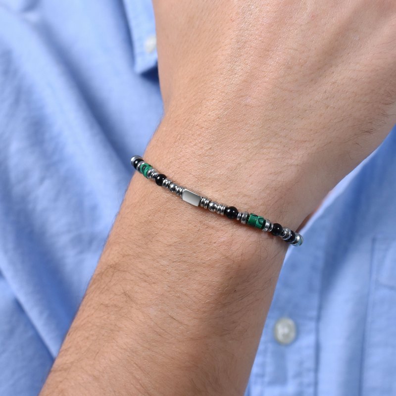 Luca Barra - Bracciale Uomo - Acciaio - Agata Nera - Malachite Verde