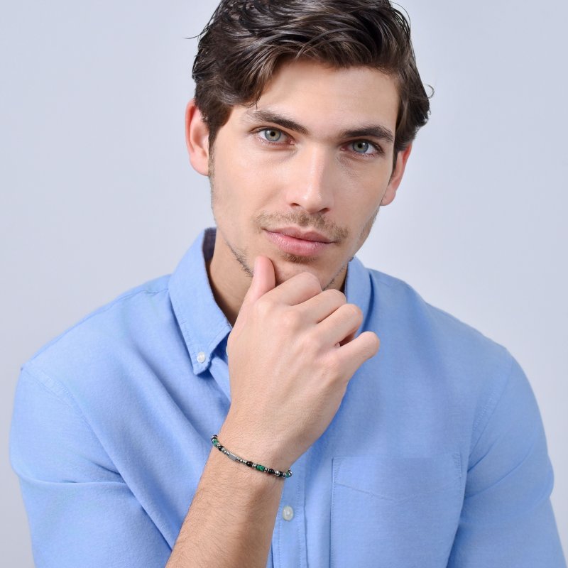 Luca Barra - Bracciale Uomo - Acciaio - Agata Nera - Malachite Verde