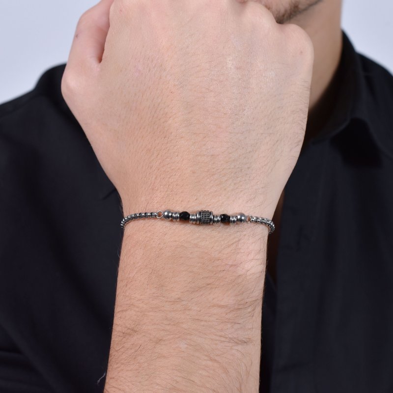 Luca Barra - Bracciale Uomo Acciaio - Agata Nera - Design Moderno