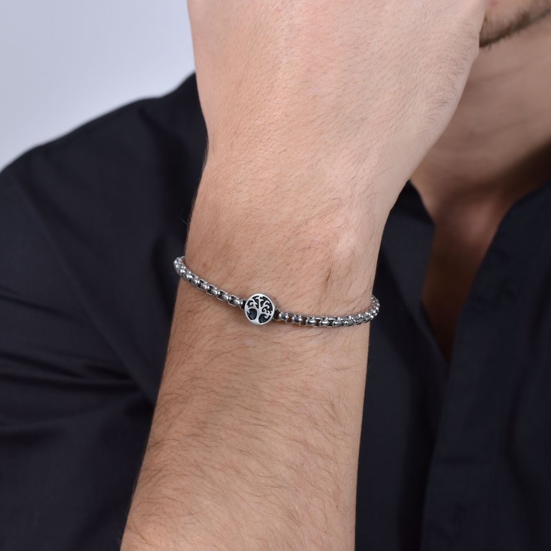 Luca Barra - Bracciale Uomo Acciaio - Albero Della Vita - Smalto Nero