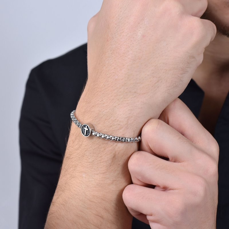Luca Barra - Bracciale Uomo - Acciaio - Croce Smalto Nero