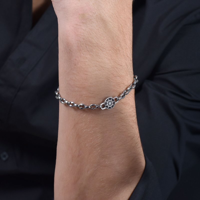 Luca Barra - Bracciale Uomo Acciaio - Timone - Smalto Nero