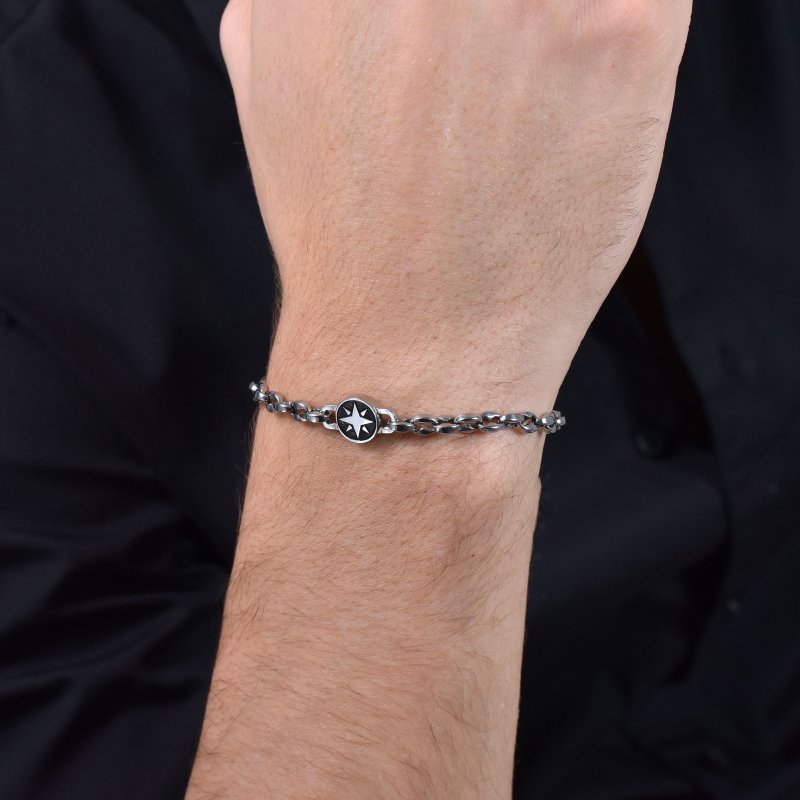 Luca Barra - Bracciale Uomo Acciaio - Rosa Dei Venti - Smalto Nero