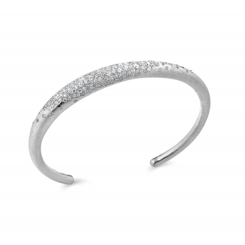 Sogni - Bracciale Rigido Satinato - Oro Bianco - Zirconi Bianchi