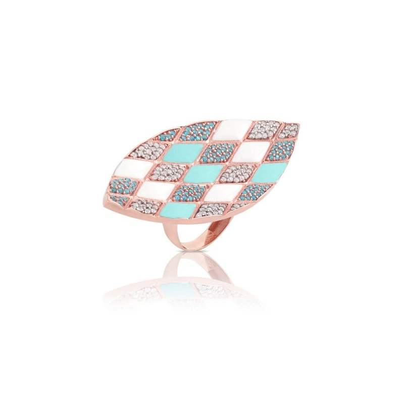 Sogni - Anello Oro Rosa - Smalto Turchese - Zirconi Bianchi