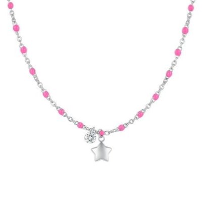 Luca Barra - Collana Donna Acciaio - Stella - Cristallo - Smalto Fucsia