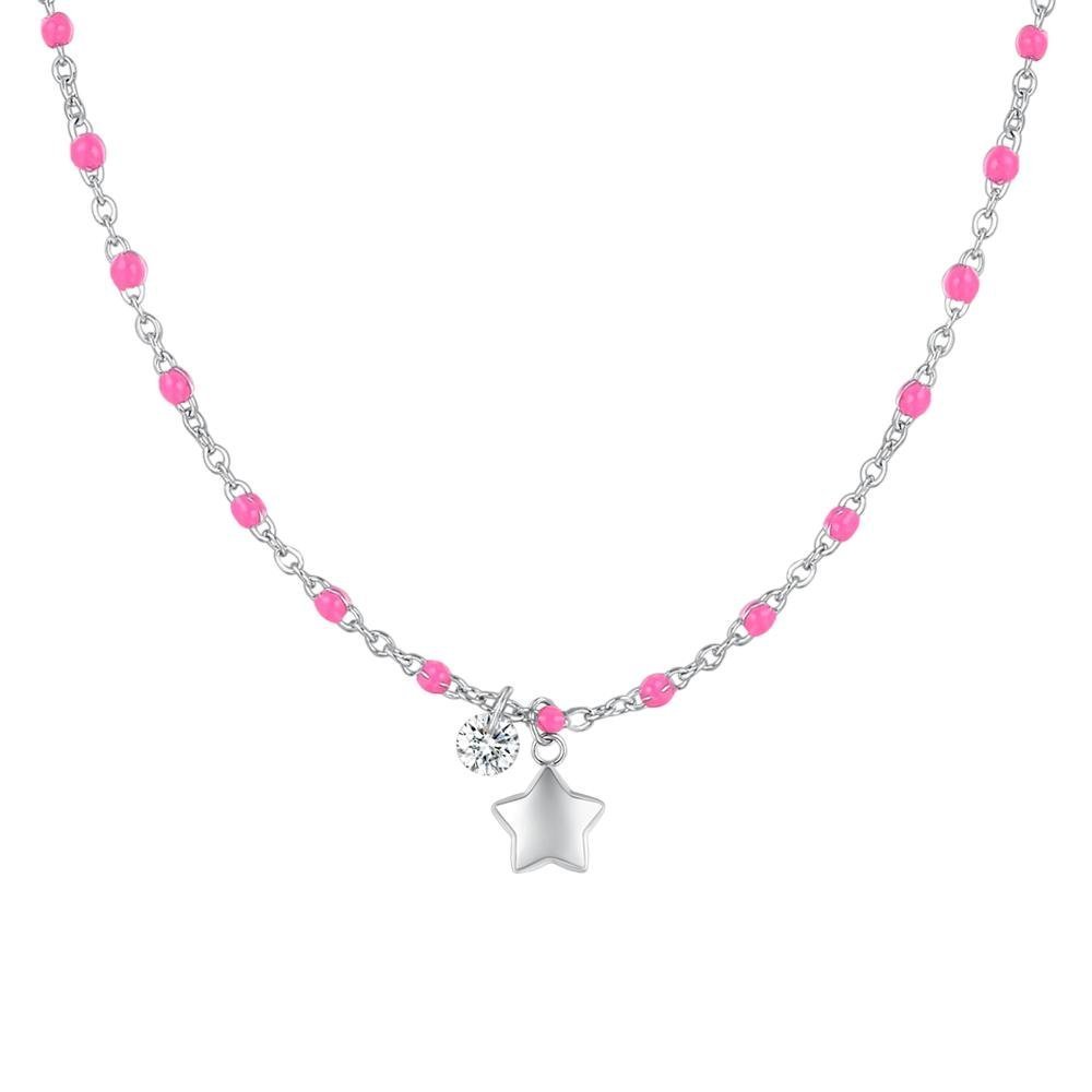 Luca Barra - Collana Donna Acciaio - Stella - Cristallo - Smalto Fucsia