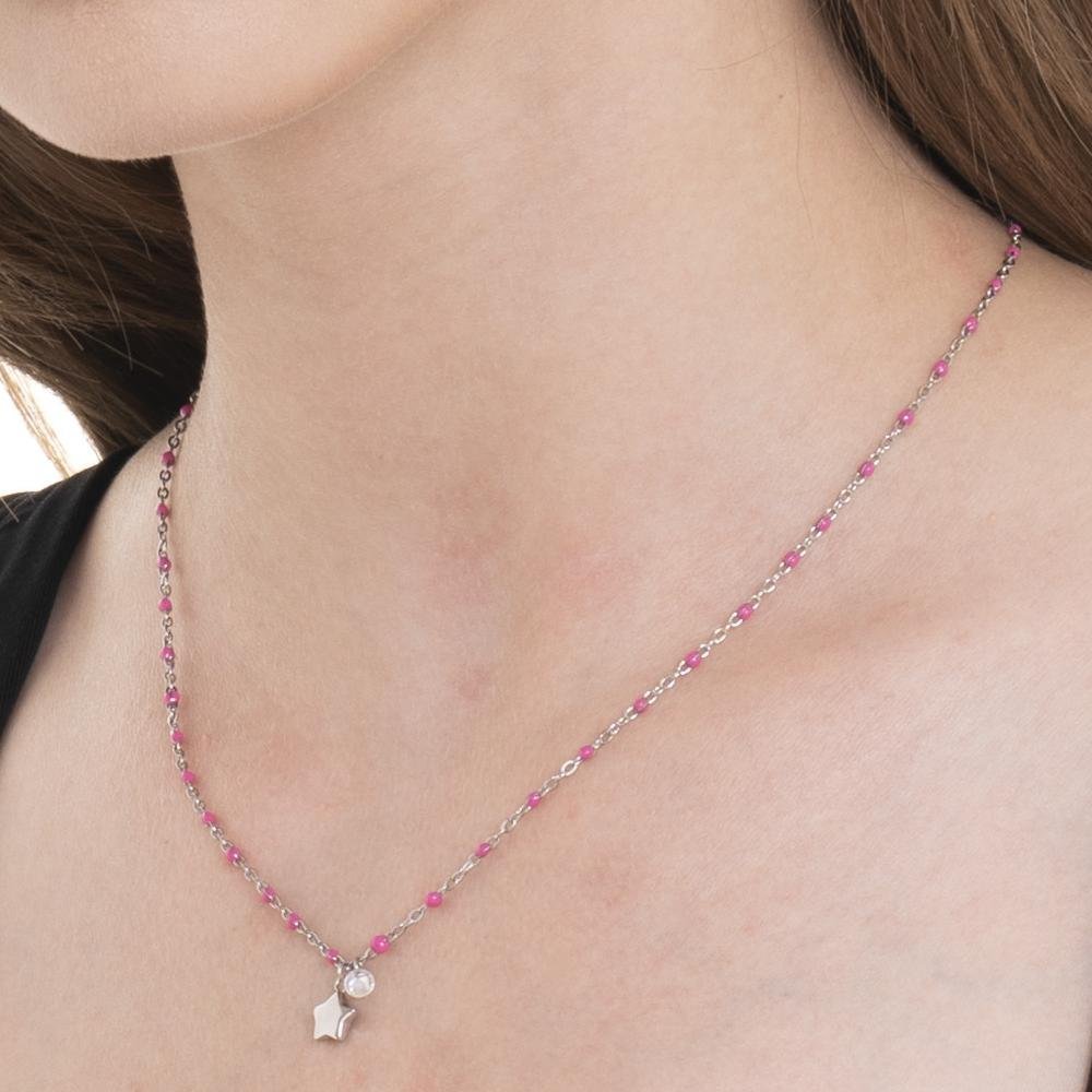 Luca Barra - Collana Donna Acciaio - Stella - Cristallo - Smalto Fucsia