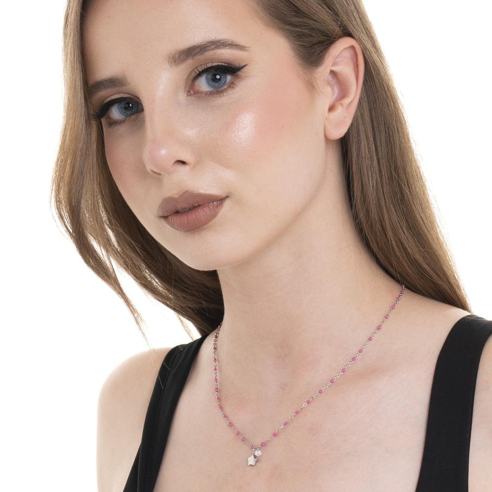 Luca Barra - Collana Donna Acciaio - Stella - Cristallo - Smalto Fucsia