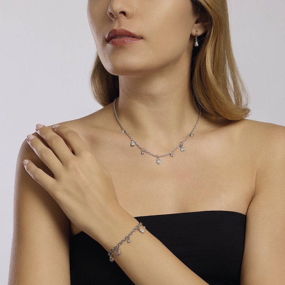 2 Jewels - Bracciale Acciaio 316L - Cristalli Pendenti - Catena Forzatina