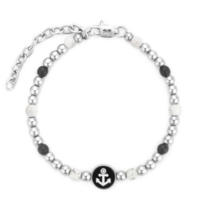 4Us Cesare Paciotti - Bracciale Ancora - Acciaio - Pelle Nera
