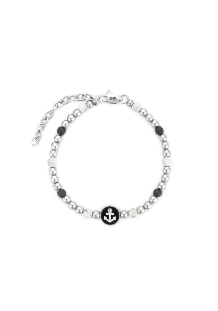 4Us Cesare Paciotti - Bracciale Ancora - Acciaio - Pelle Nera