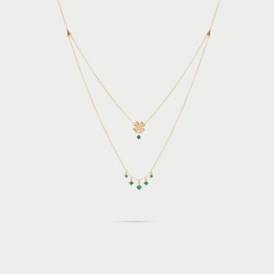 Rue Des Mille - Girocollo Double Quadrifoglio - Argento - Zirconi Verdi