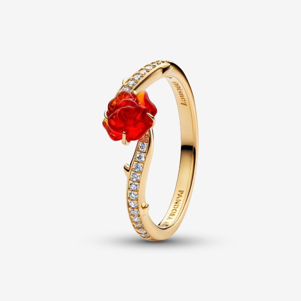 Disney, La Bella e La Bestia, Anello Rosa Incantata Vetro di Murano Placcatura in Oro 14k - Pandora