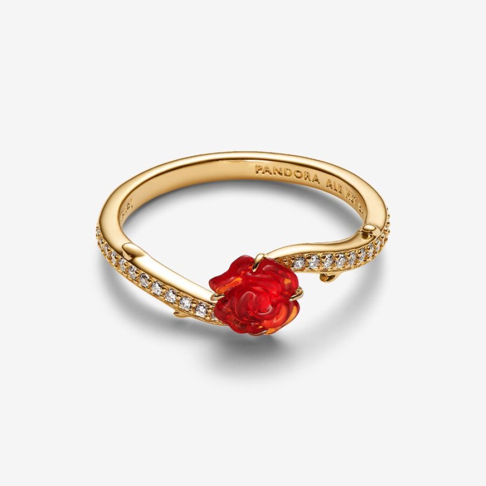 Disney, La Bella e La Bestia, Anello Rosa Incantata Vetro di Murano Placcatura in Oro 14k - Pandora