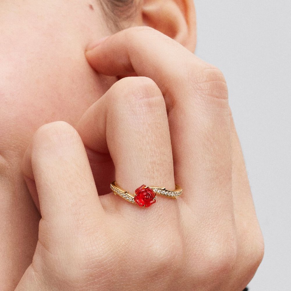 Disney, La Bella e La Bestia, Anello Rosa Incantata Vetro di Murano Placcatura in Oro 14k - Pandora