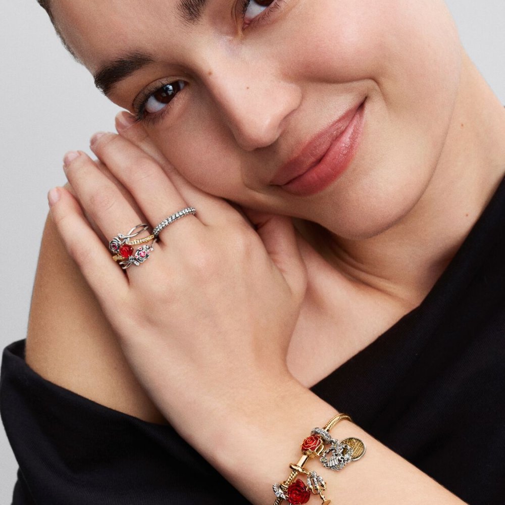 Disney, La Bella e La Bestia, Anello Rosa Incantata Vetro di Murano Placcatura in Oro 14k - Pandora