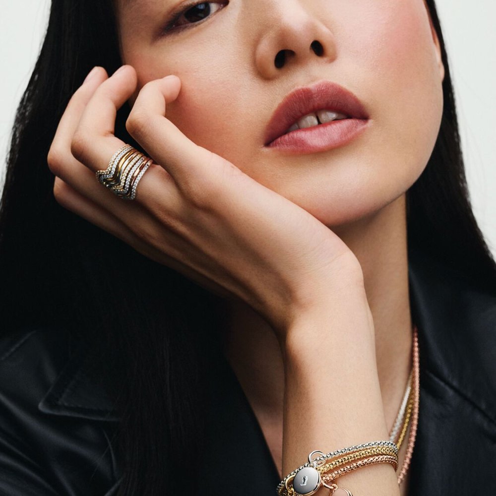 Collana Maglia Geometrica con Chiusura a Cuore Placcatura in Oro Rosa 14k - Pandora