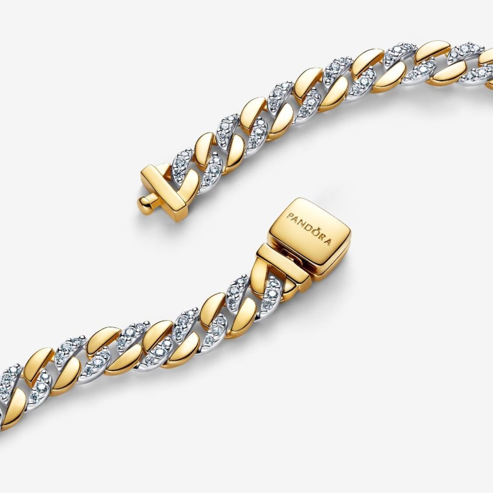 Bracciale Catena Maglia Cubana Bicolore con Pavè Bracciale Catena Maglia Cubana Bicolore con Pavè