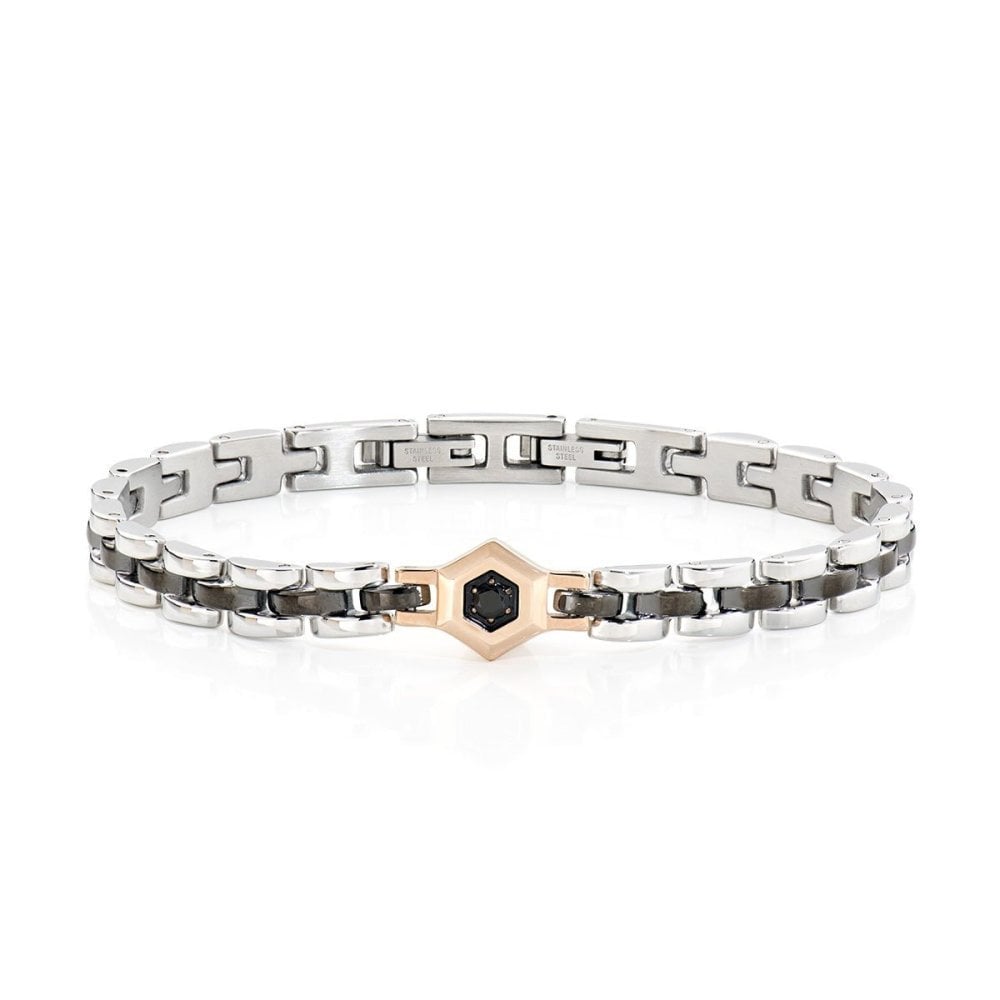 Bracciale Acciaio Tre Colori Con Esagono E Zircone Nero - Amen